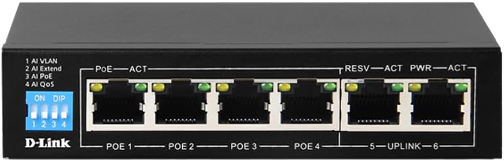 D-Link DES-F1006P-E Unmanaged 6-Port PoE Switch with 4 Long Reach 250m PoE+ Ports, 2 Gigabit Ethernet Uplink Ports w/ 60W PoE Budget, Plug & Play, Lightning Protection with VLAN, QoS, PoE Hub - الصورة 2