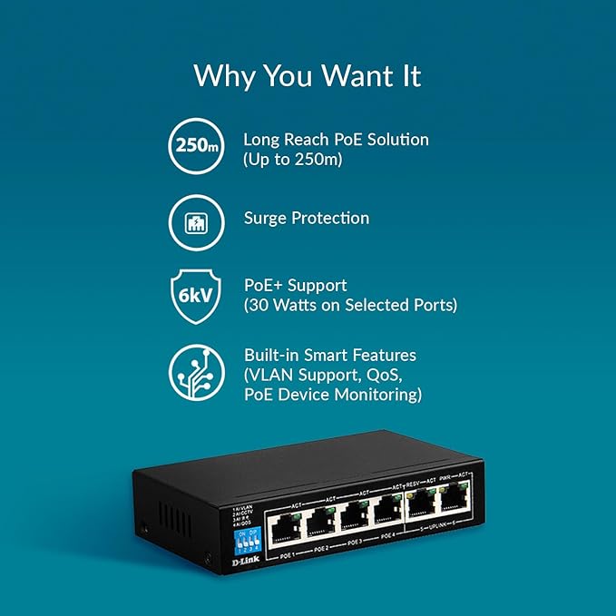 D-Link DES-F1006P-E Unmanaged 6-Port PoE Switch with 4 Long Reach 250m PoE+ Ports, 2 Gigabit Ethernet Uplink Ports w/ 60W PoE Budget, Plug & Play, Lightning Protection with VLAN, QoS, PoE Hub - الصورة 7