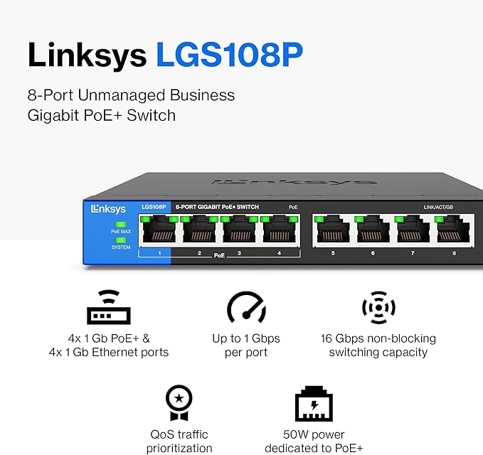 Linksys Business LGS108P 8-Port Desktop Gigabit PoE+ Unmanaged Switch I Metal Enclosure - الصورة 4
