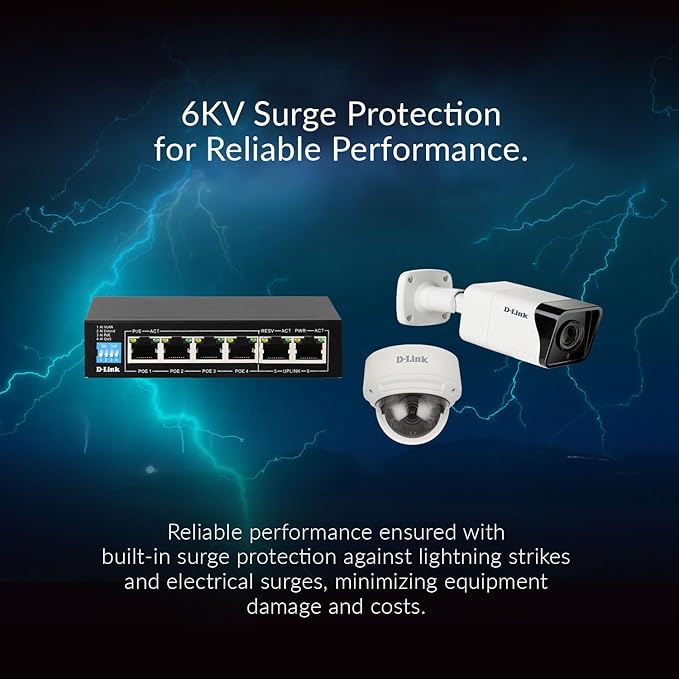 D-Link DES-F1006P-E Unmanaged 6-Port PoE Switch with 4 Long Reach 250m PoE+ Ports, 2 Gigabit Ethernet Uplink Ports w/ 60W PoE Budget, Plug & Play, Lightning Protection with VLAN, QoS, PoE Hub - الصورة 5